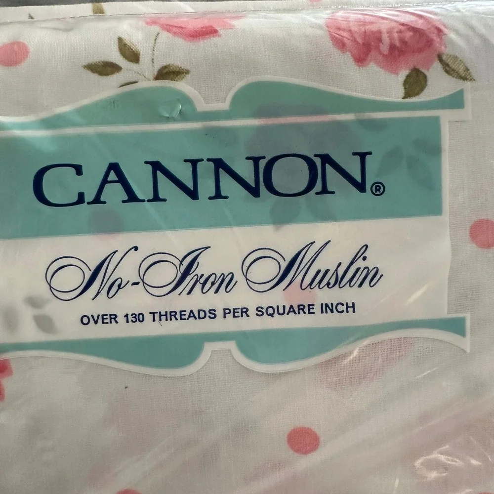 NEW Vintage Cannon No-Iron Muslin Full Flat & Fitted Sheet Set Rose Floral White